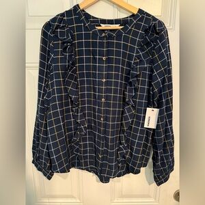 Sonoma Checkered Ruffle Top in Navy and Gold